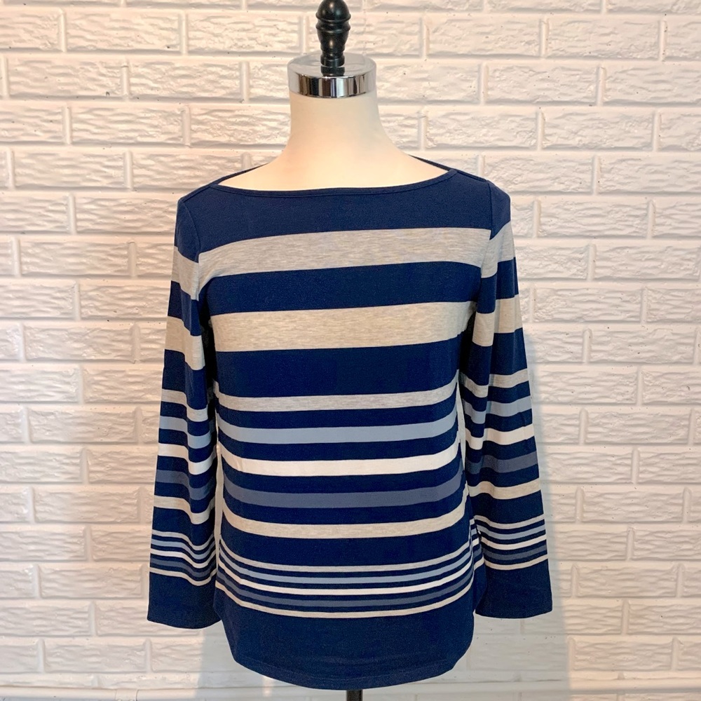 Liz Claiborne Blue Striped Blue and Grey Light Boatneck Sweater